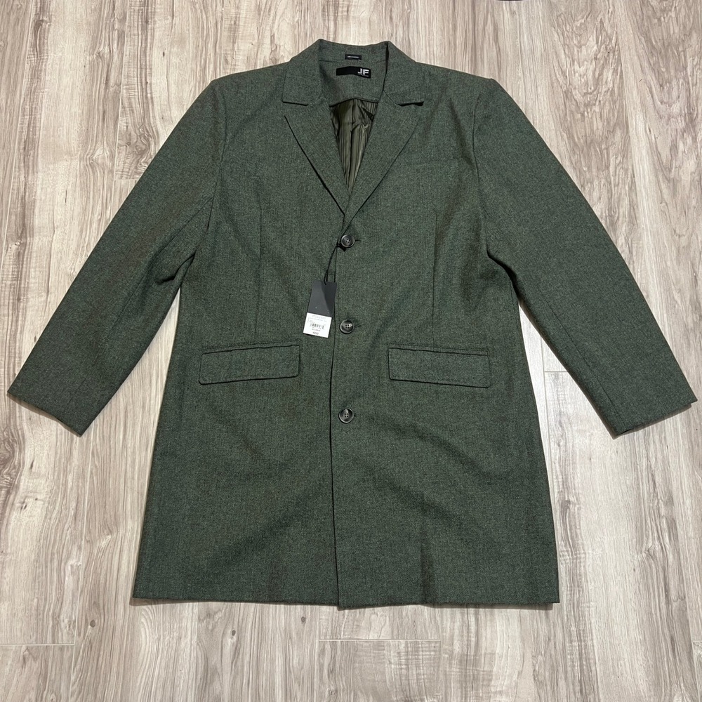 JF J.Ferrar Men's Topcoat Coat XXL Green Herringbone Wool Blend Long